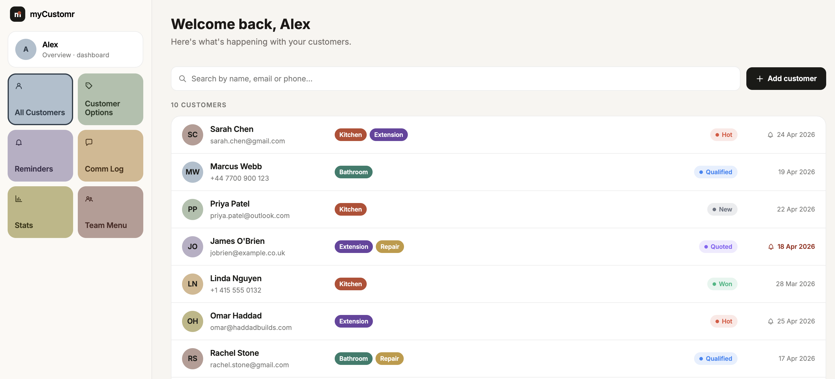 MyCustomr dashboard